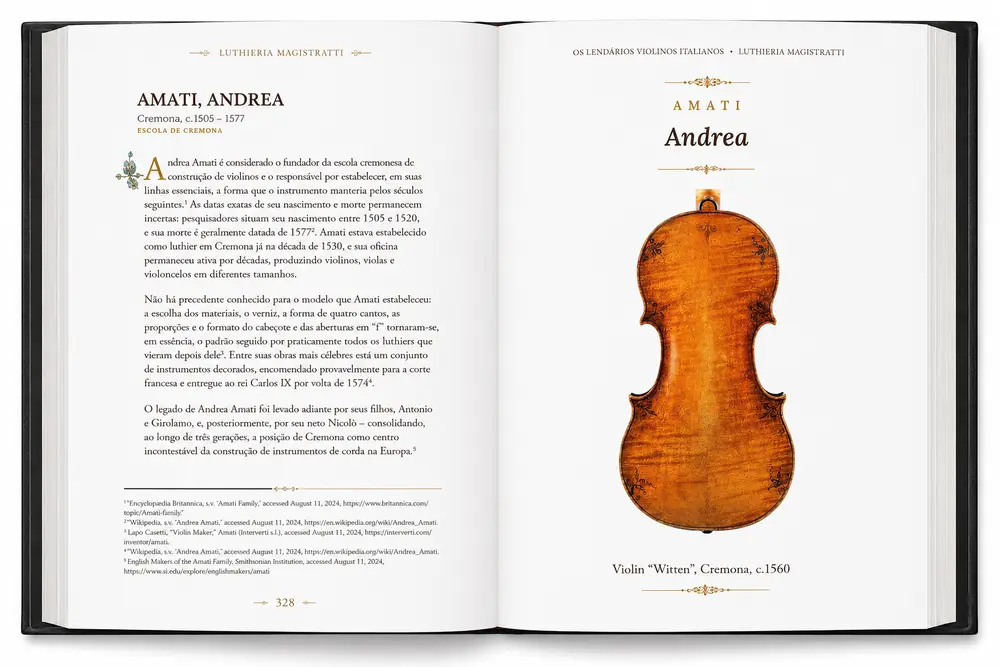 Inner page with detailed photograph of an Amati family instrument